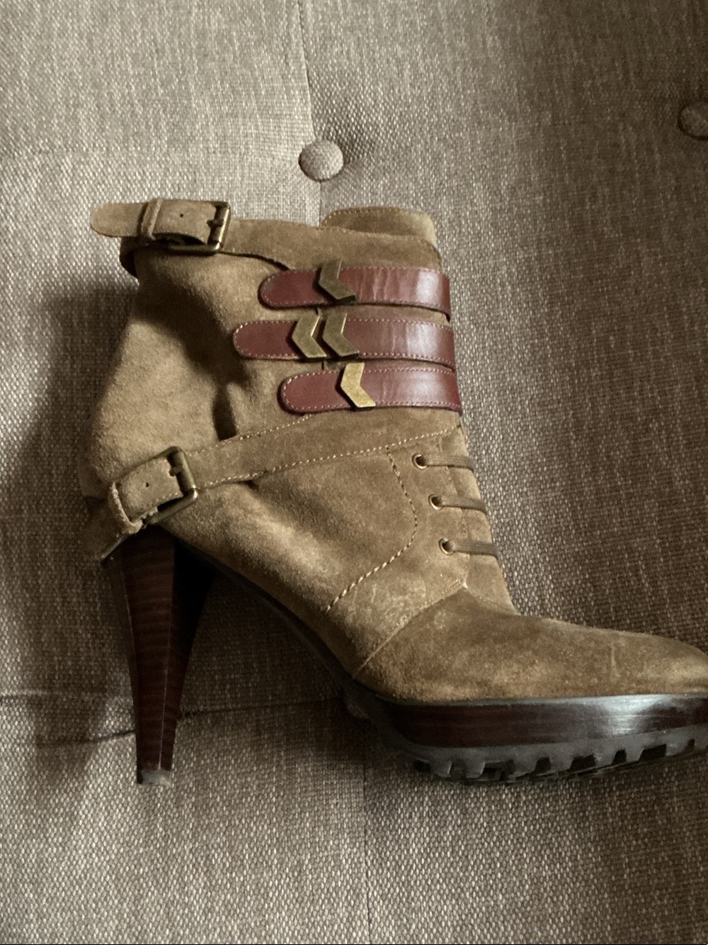 Nine West Taupe Suede Ankle Boots with Brown Straps